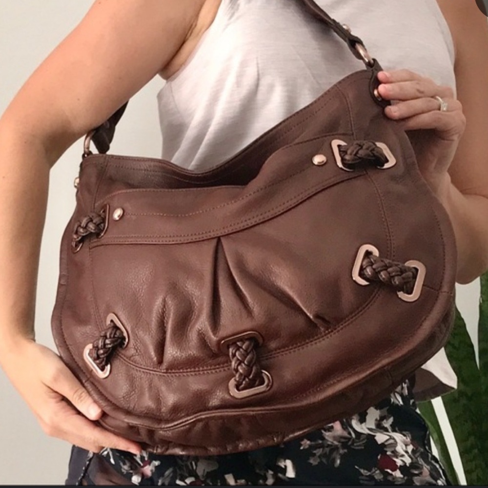 b. makowsky Rich Brown with rose gold hardware Leather Hobo Bag